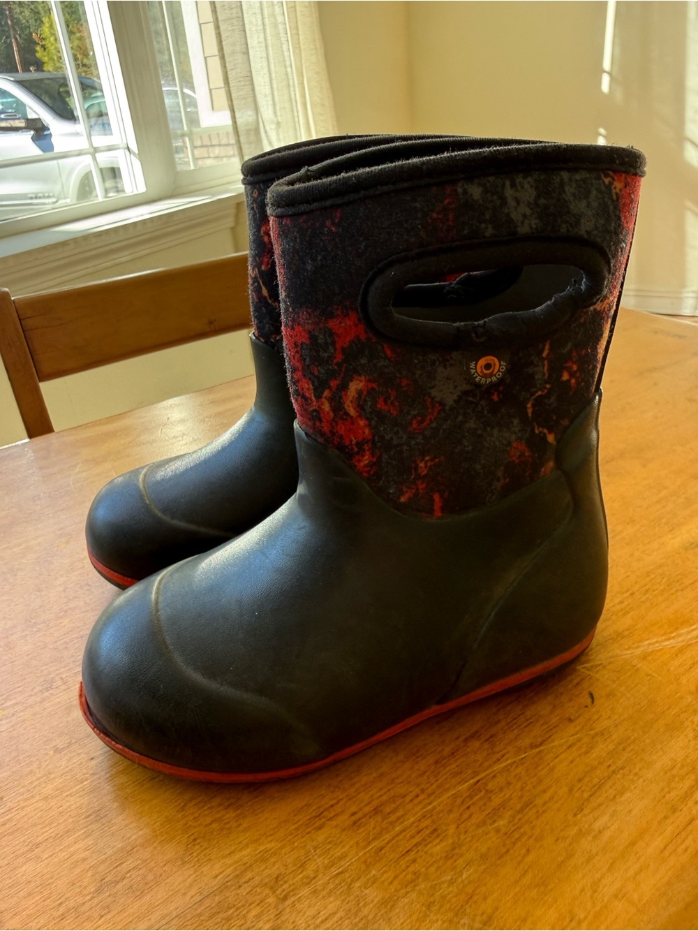 Bogs Kids Black Boots with Red Patterned Upper